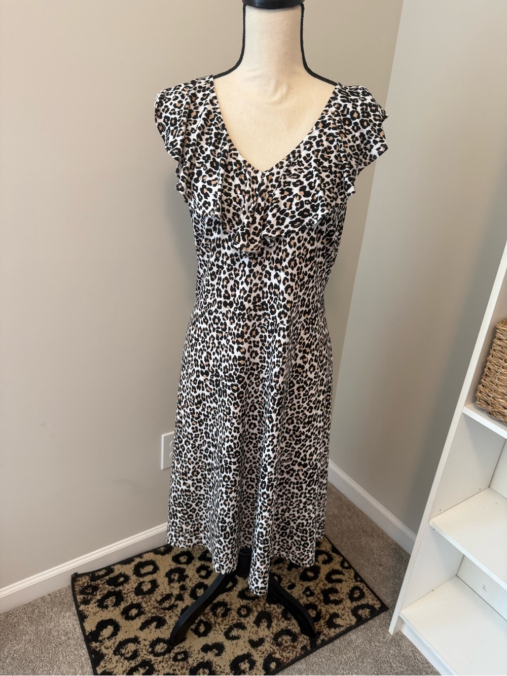 Leota Leopard Print V-Neck Midi Dress in Black & Cream
